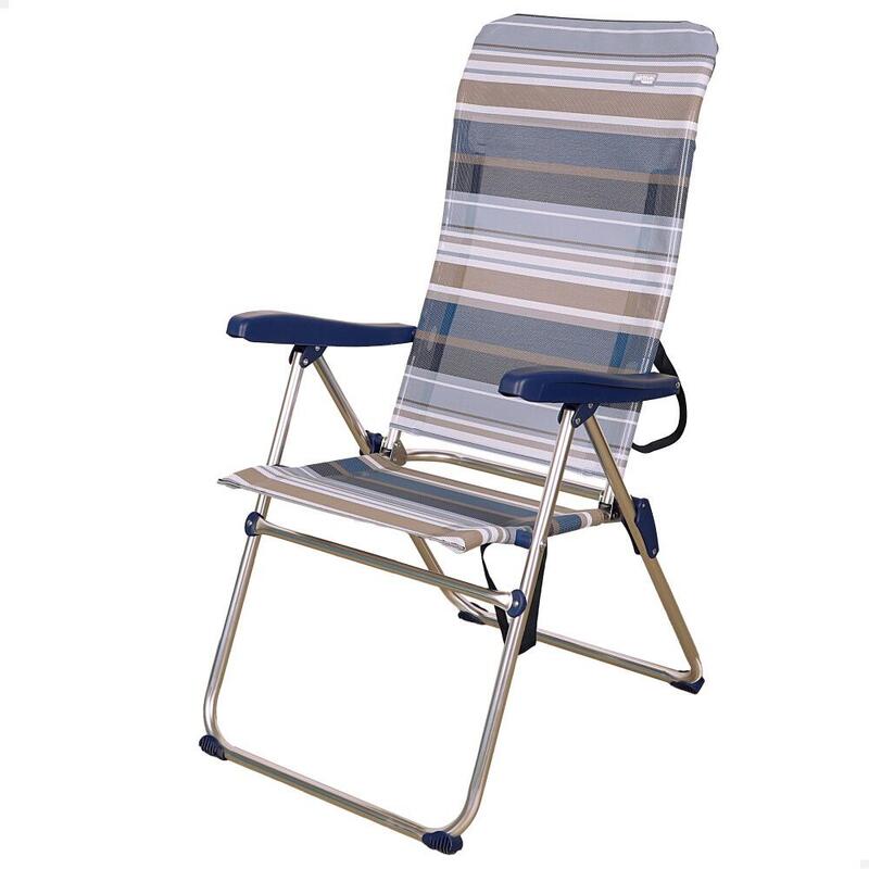 Silla playa plegable alta 5 posiciones a rayas azules y grises Aktive