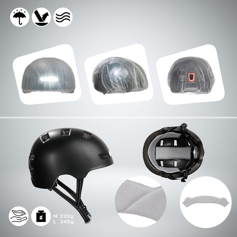 Skater-Fahrradhelm mit Front- und Rücklicht | Farbe Schwarz L 57-61cm | EN1078