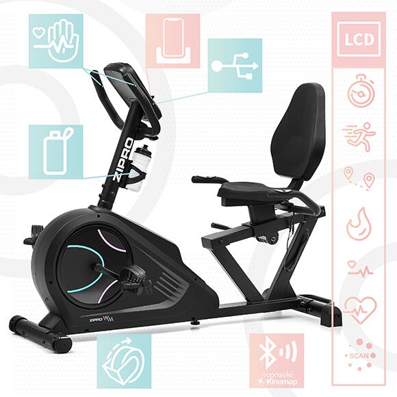 Cyclette elettrica-magnetica Zipro Glow WM recumbent connessa iConsole+ Kinomap