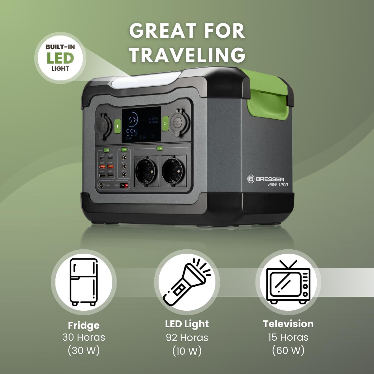 KIT Batteria esterna portatile 1200 W + Pannello solare 120 W Bresser, campeggio 7/7