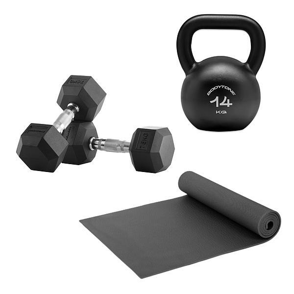 Pack esterilla, mancuernas hexagonales 7,5kg y kettlebell 14kg