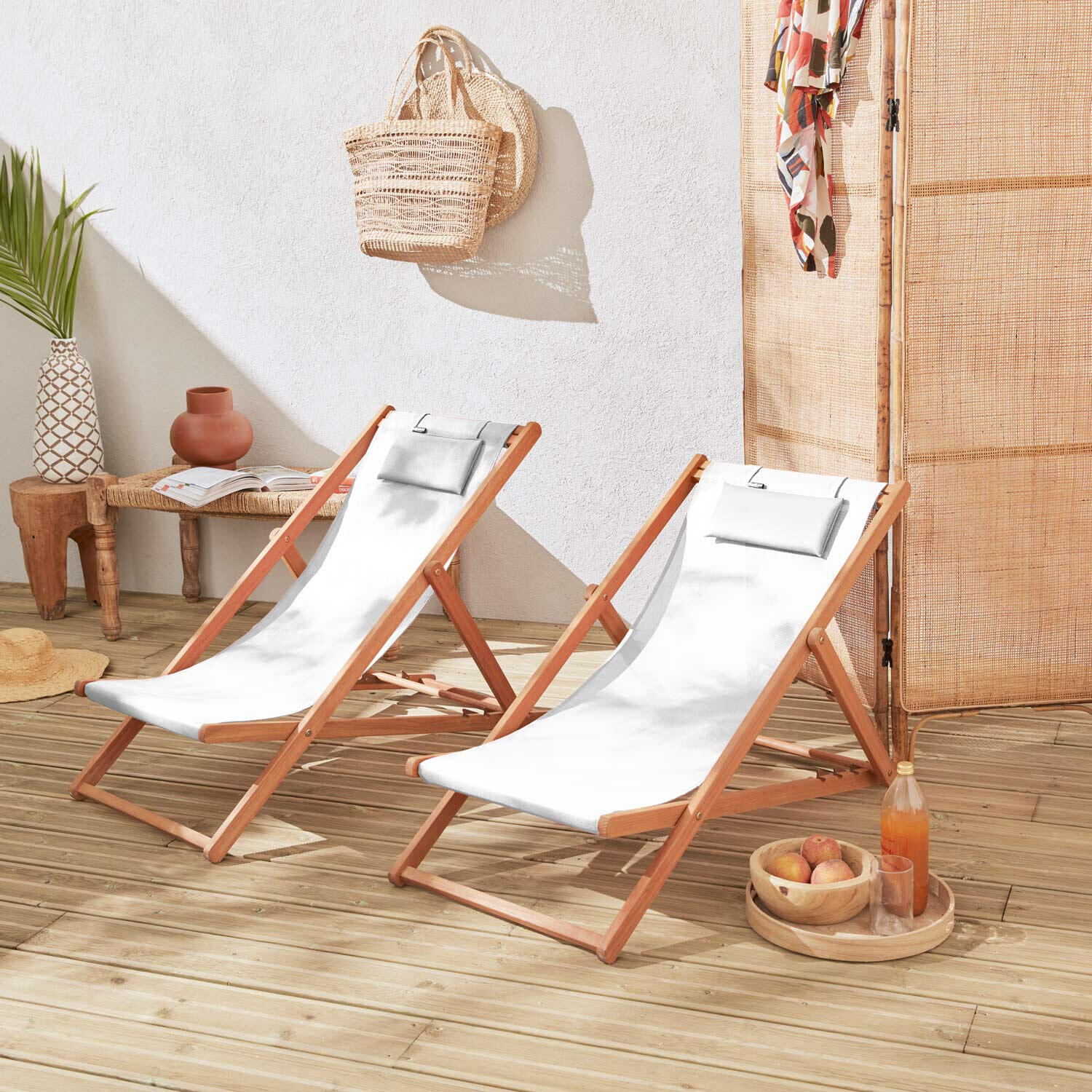 Espreguiçadeiras em madeira de eucalipto, set de 2, branco