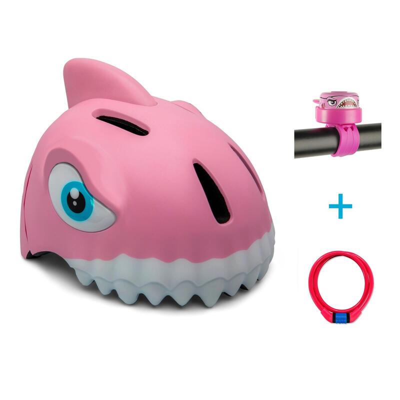 Crazy Safety Set-casco da bici per bambini, lucchetto e campanello: Squalo rosa