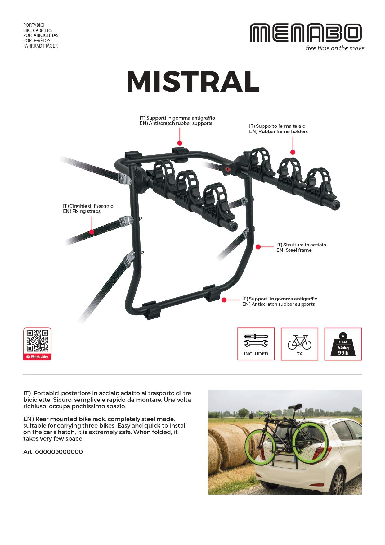 Porte-vélos sur hayon Menabo Mistral – pour 3 vélos, charge 45 kg, pliable 5/7