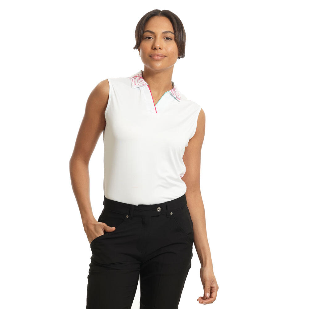 Island Green Ladies Back & Collar Leaf Print Sleeveless Golf Polo Shirt 1/4