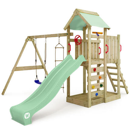 Aire de jeux Portique bois MultiFlyer avec balançoire vert pastel