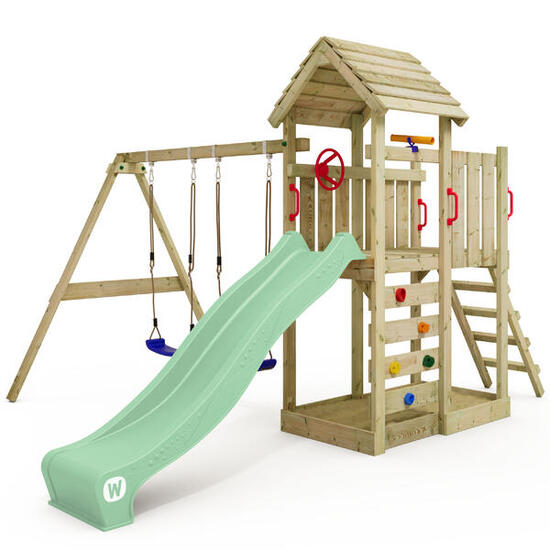 Aire de jeux MultiFlyer toit en bois avec balançoire pastel vert