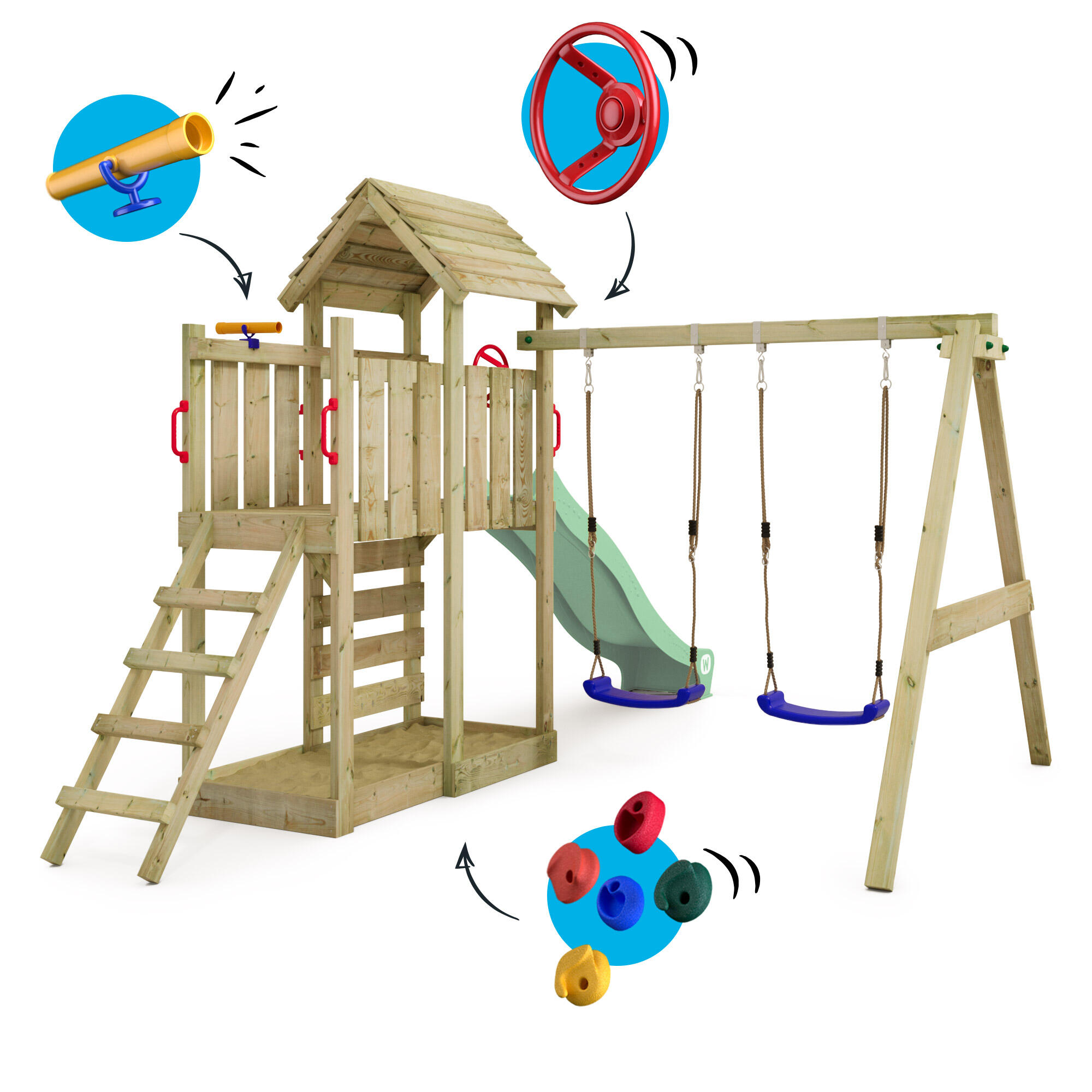 Aire de jeux MultiFlyer toit en bois avec balançoire pastel vert 4/7