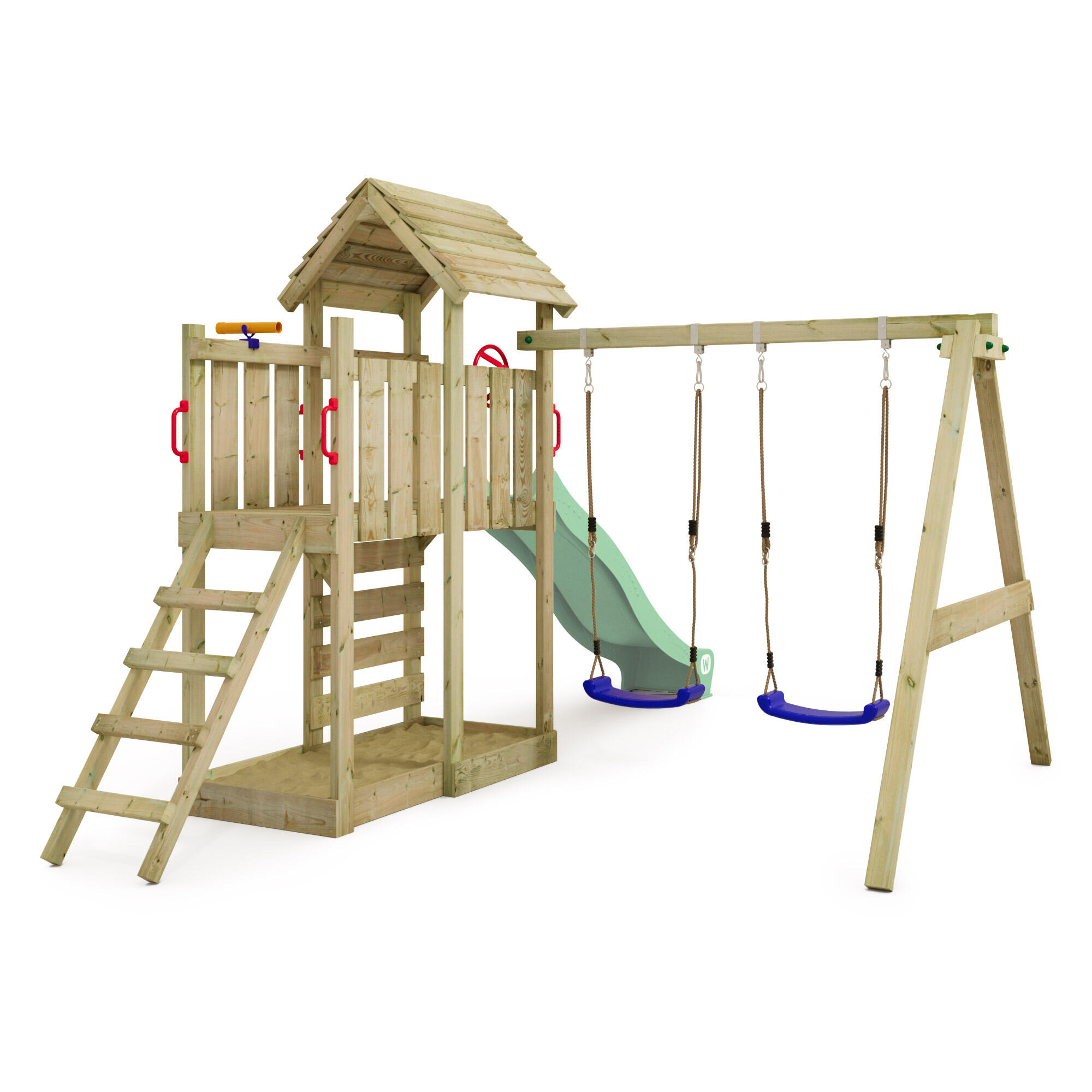 Aire de jeux MultiFlyer toit en bois avec balançoire pastel vert 2/7