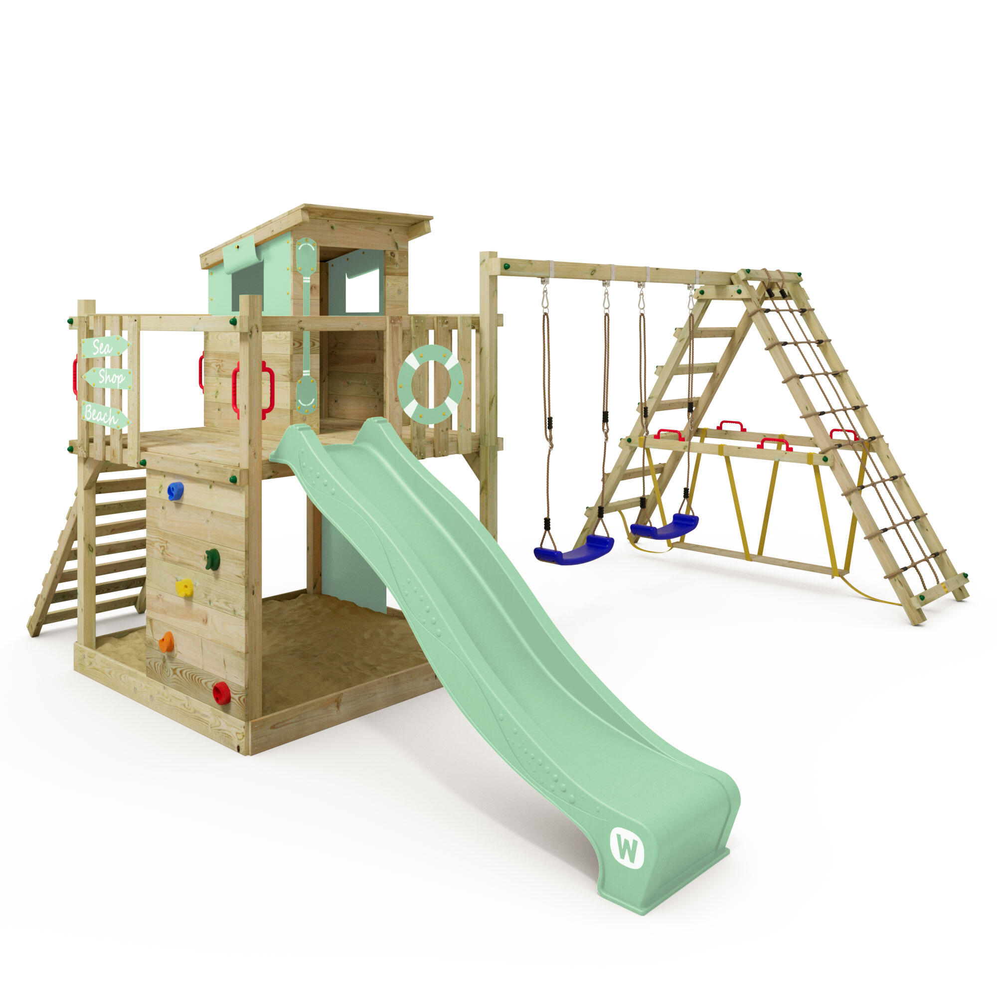 WICKEY Smart Surf speeltoren met schommel & pastelgroene glijbaan