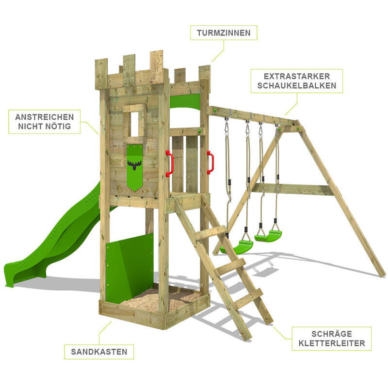 Aire de jeux TreasureTower avec balançoire et toboggan vert