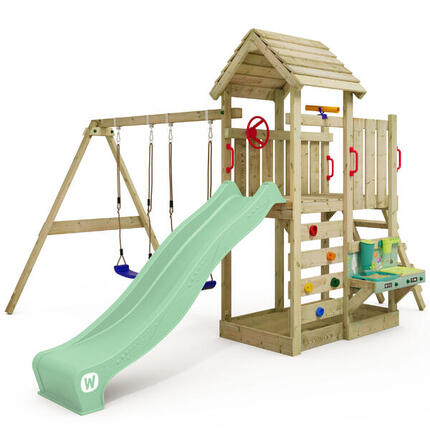 Tour de jeux MultiFlyer toit en bois avec toboggan vert pastel + cuisine de jeu