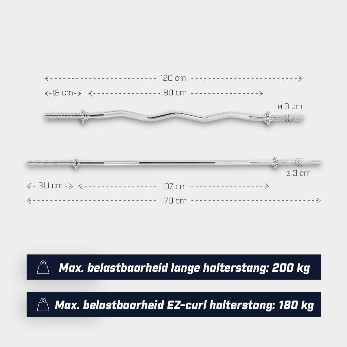 Hantelstangenset mit Langhantel und SZ-Curlstange, Sternverschlüsse 6/7