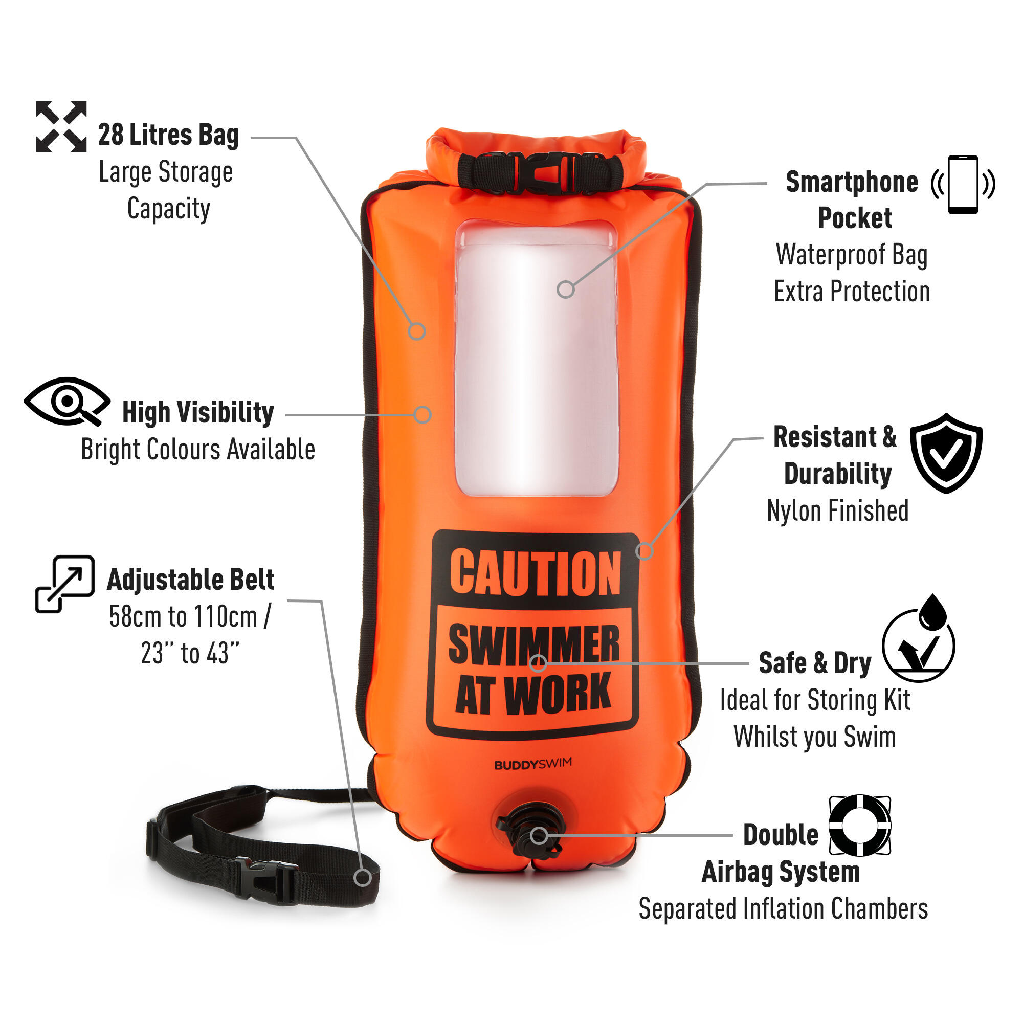 Bouée d'eau libre avec compartiment pour téléphone portable Buddyswim orange 2/8