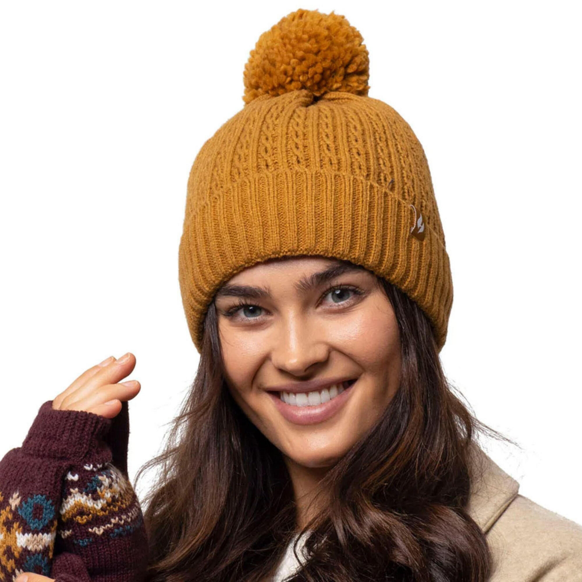 Ladies Winter Ribbed Thermal Cable Knit Beanie Pom Pom Hat 5/5