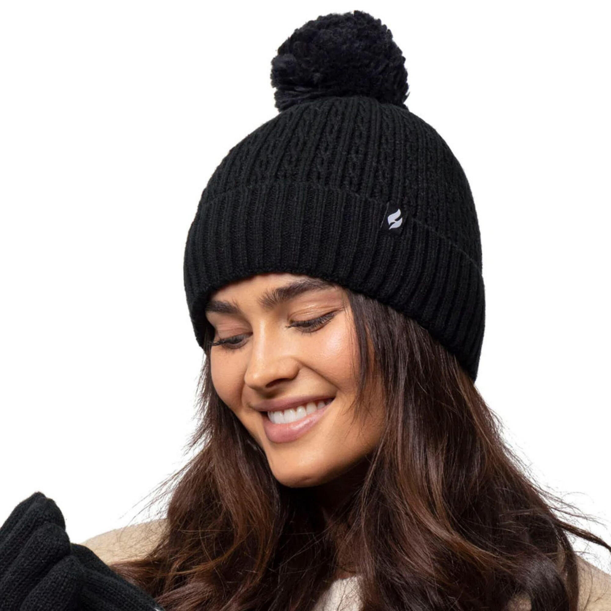 Ladies Winter Knitted Ribbed Thermal Cable Beanie Pom Pom Hat 4/4