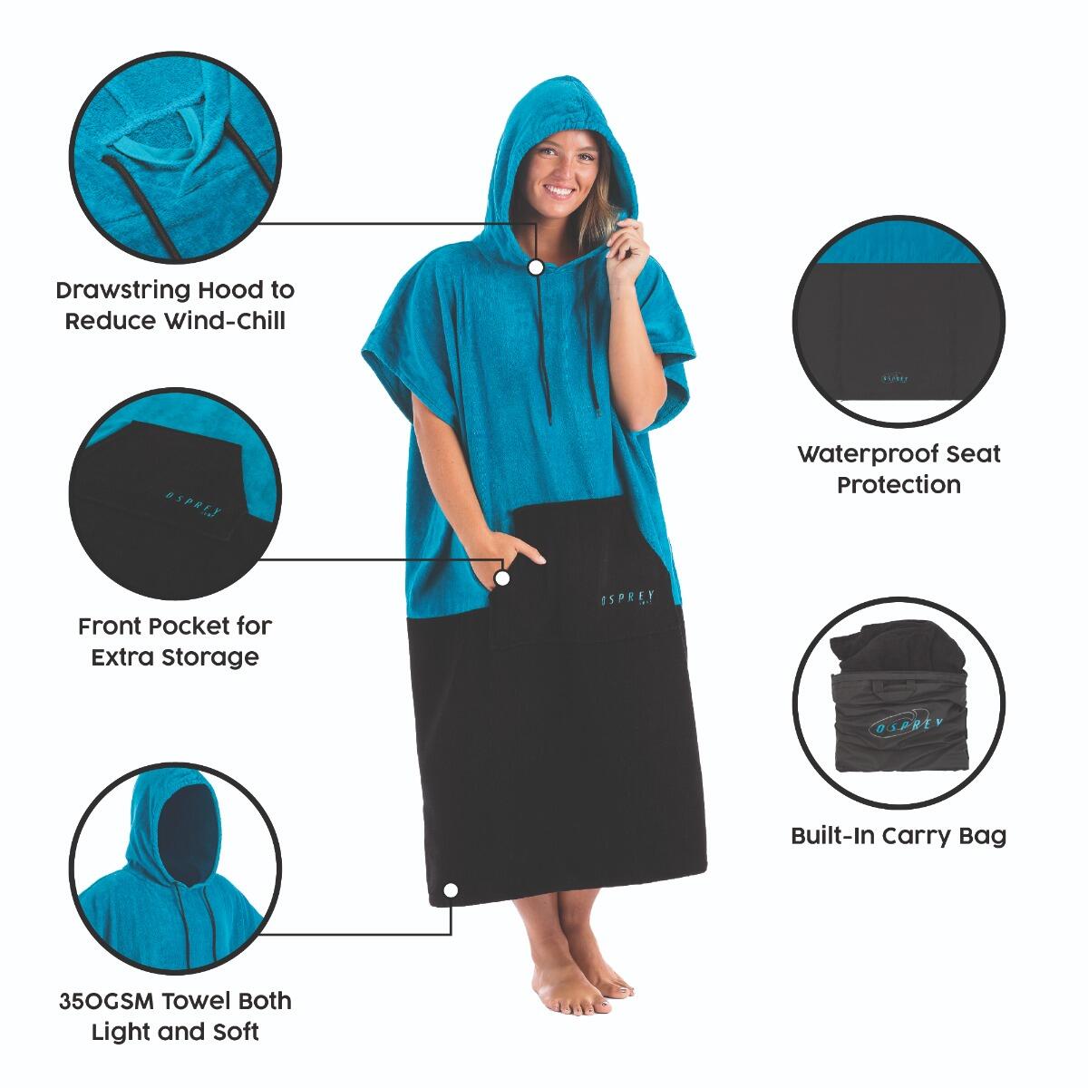 Osprey Adult Surf Poncho Hooded Towel Beach Changing Robe, Blue 4/4