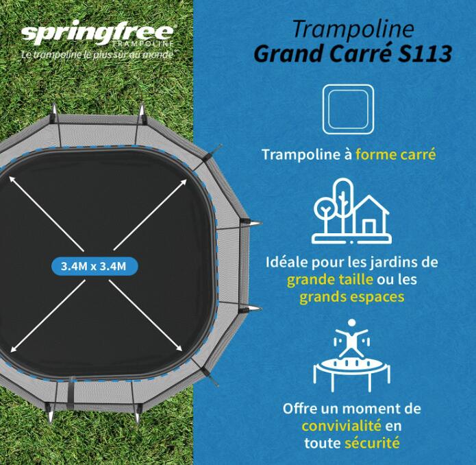 Springfree Trampoline S113 Grand Carré 3,4x3,4M - Pack Premium 5/6