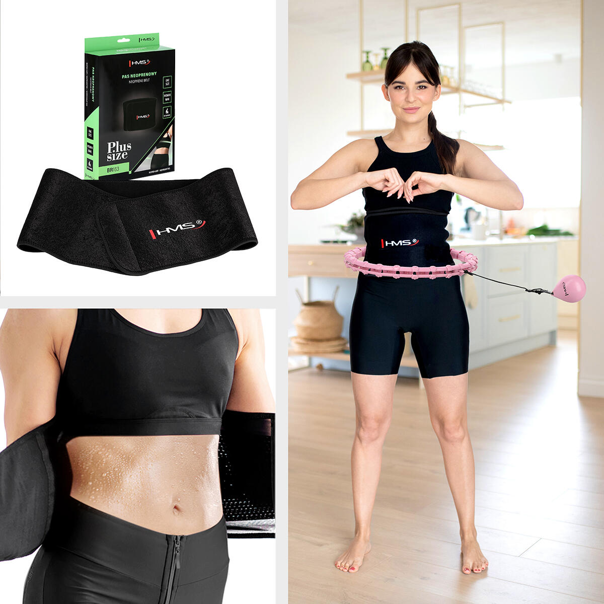 Zestaw hula hop HH02 z wypustkami i obciążnikiem + pas BR163 Black Plus Size HMS 2/7