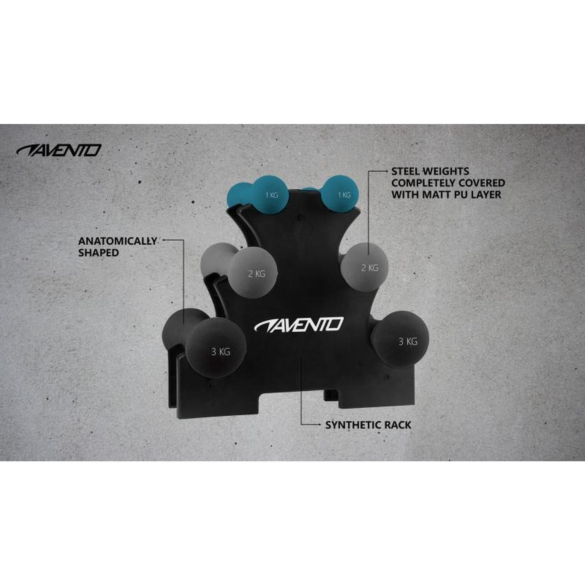 Set gantere Avento 12 kg cu suport, vinil negru