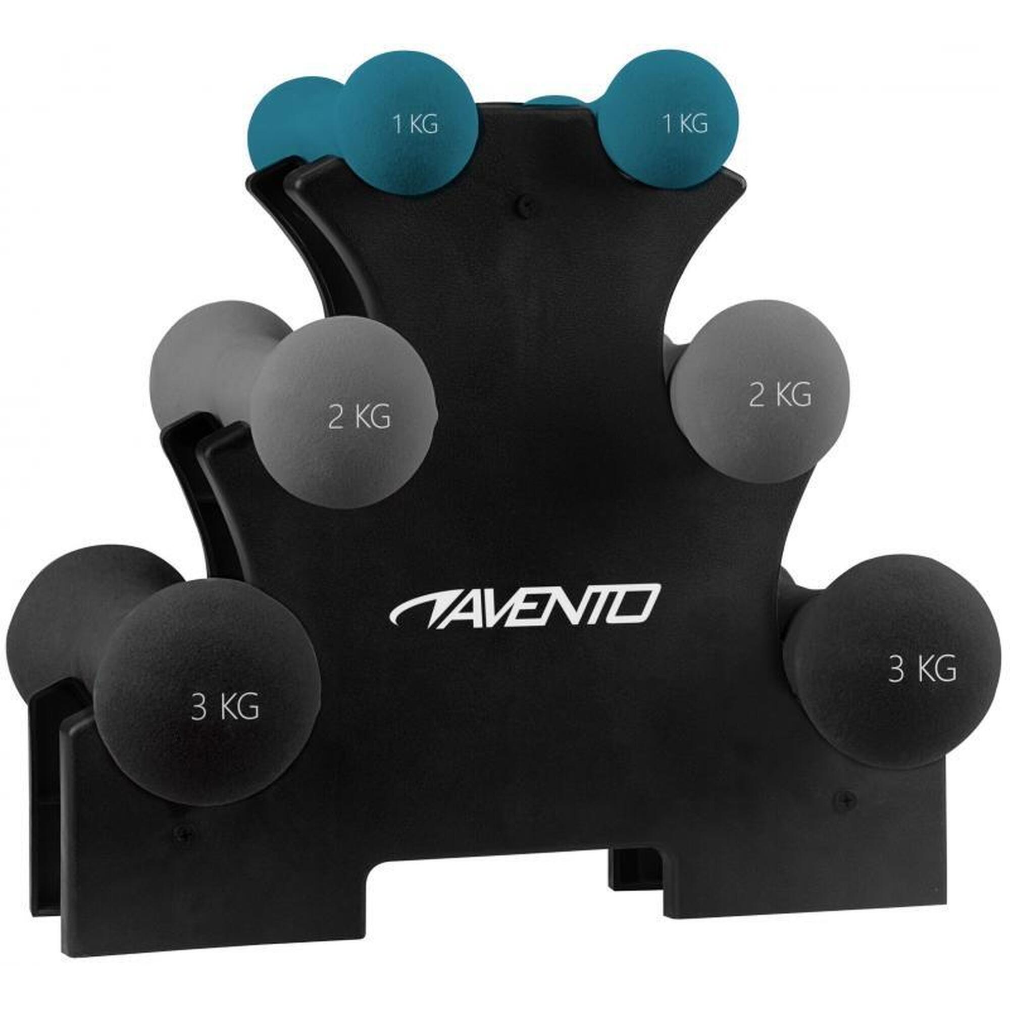 Set 3 gantere + suport Avento, Negru, uni