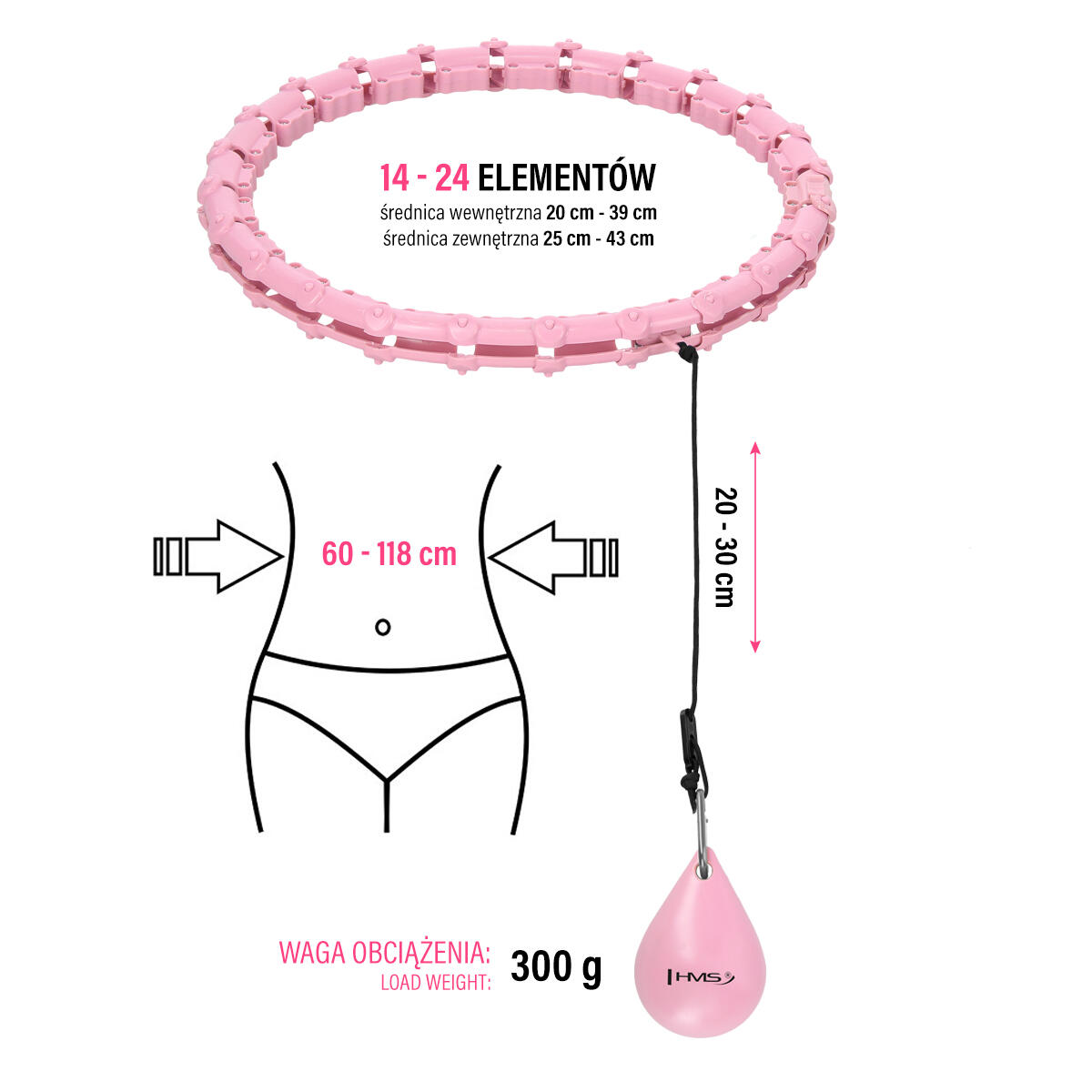 Zestaw hula hop HH02 z wypustkami i obciążnikiem + pas BR163 Black Plus Size HMS 5/7