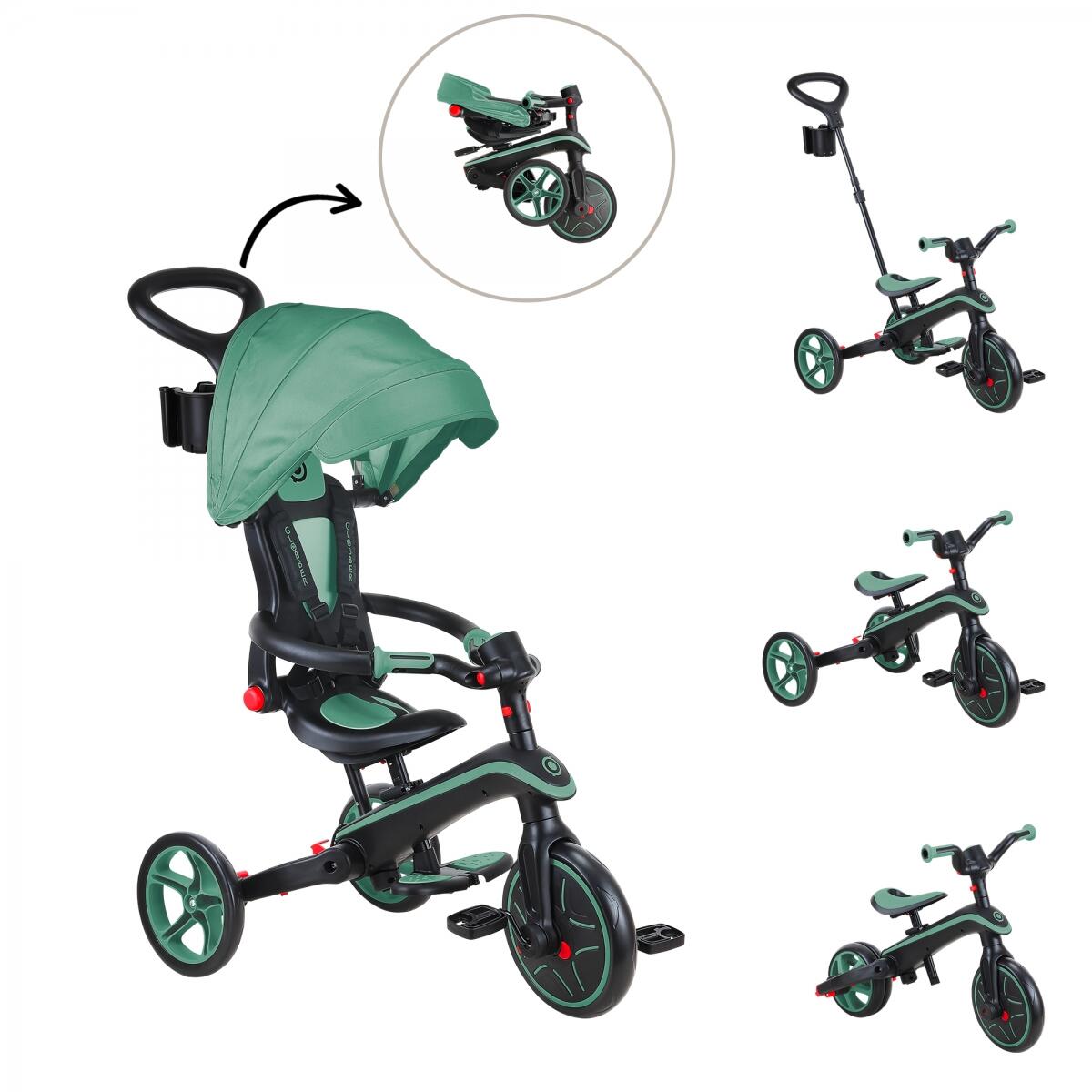 Globber Foldable Explorer Trike  4 in 1 - with Parent Handle - Olive 1/5