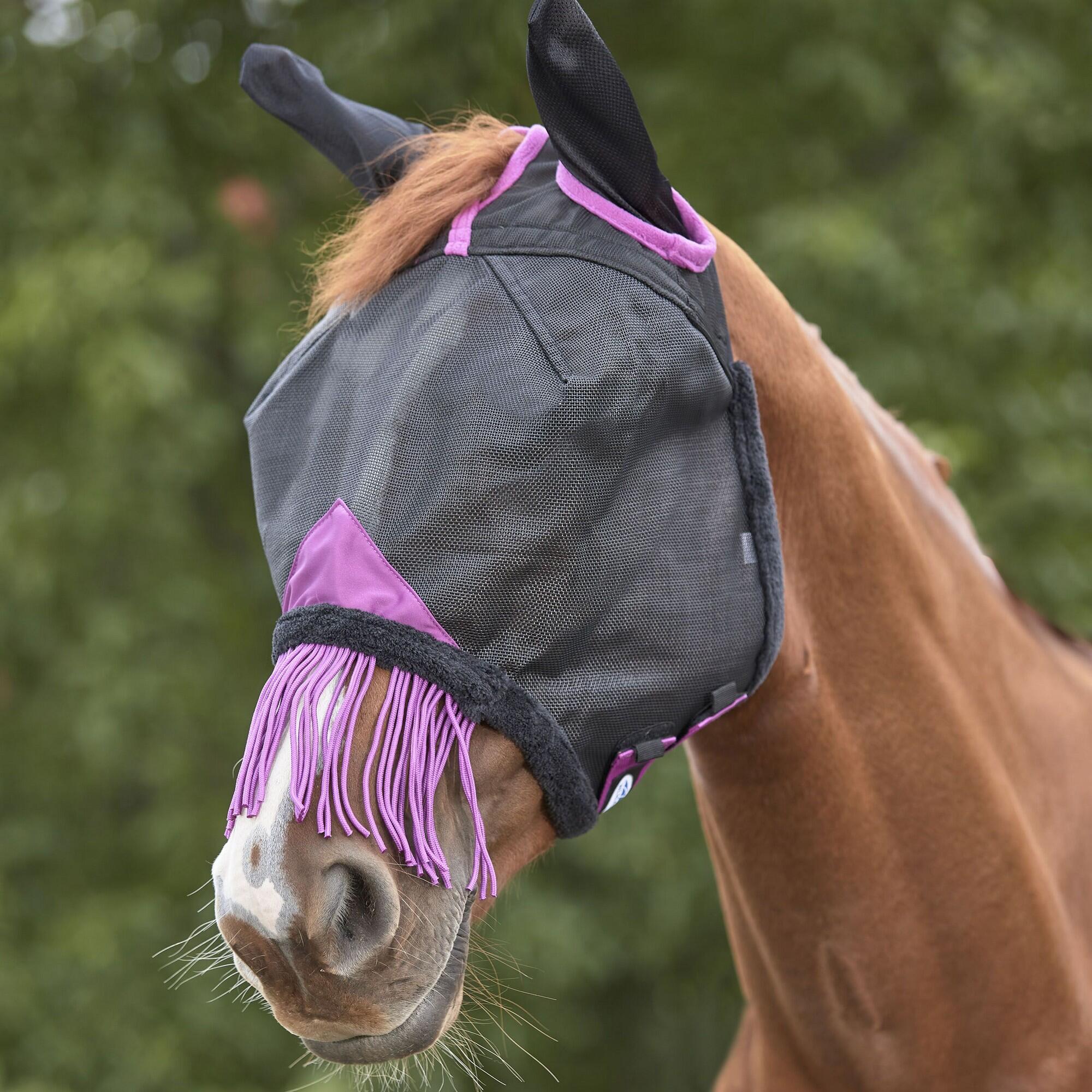 WEATHERBEETA Comfitec Deluxe Tassel Mesh Durable Horse Fly Mask With Ears (Black/Purple)