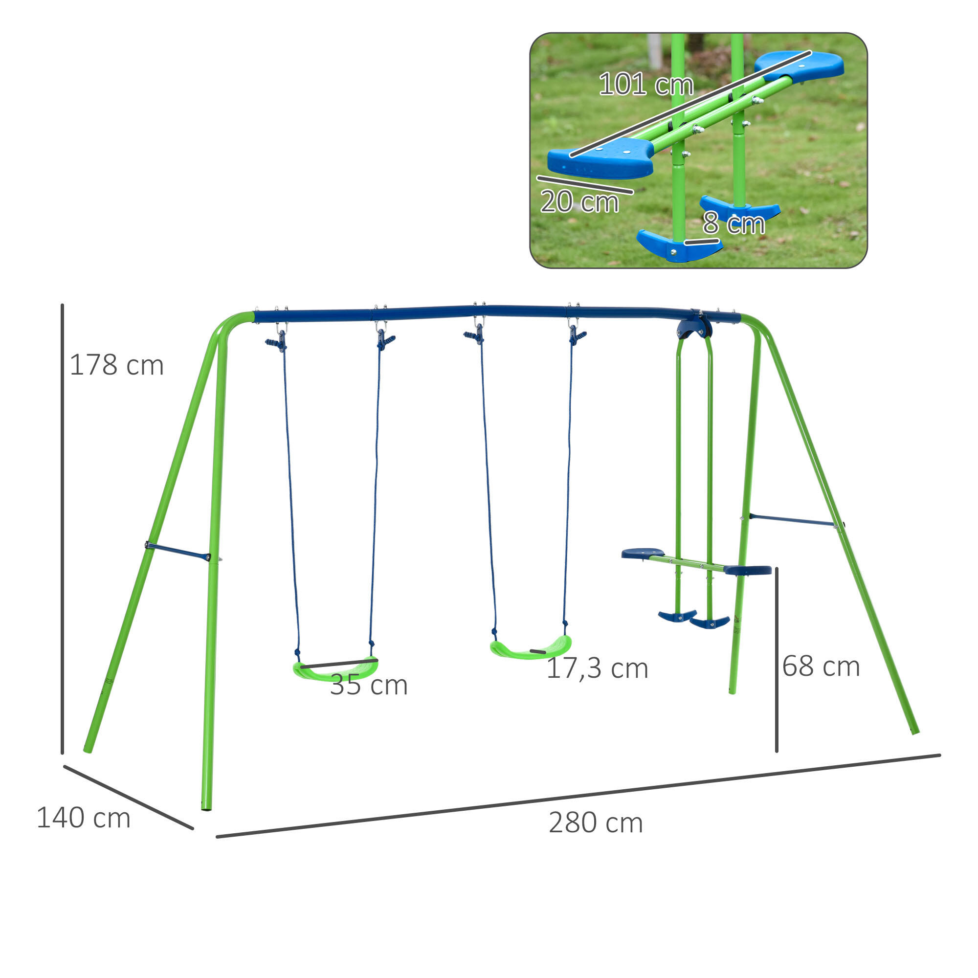 Balançoire 3 agrès portique avec 2 balançoires et face à face vert bleu 3/5