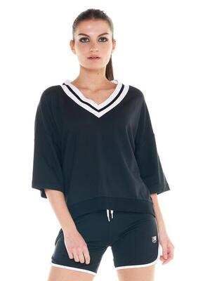 Schwarz-weißes Damen-Sweatshirt mit V-Ausschnitt