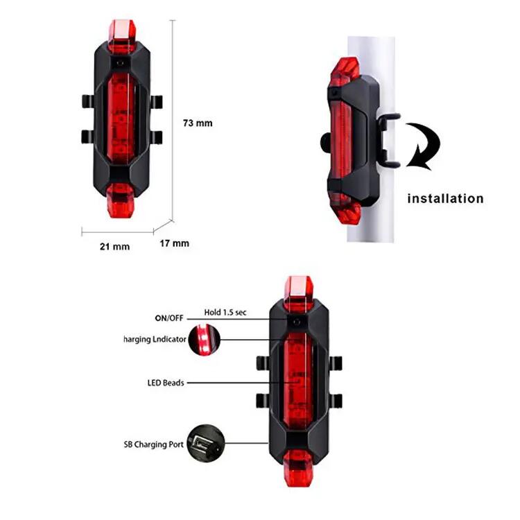 Luz trasera roja brillante para bicicleta LED recargable por USB 3/4