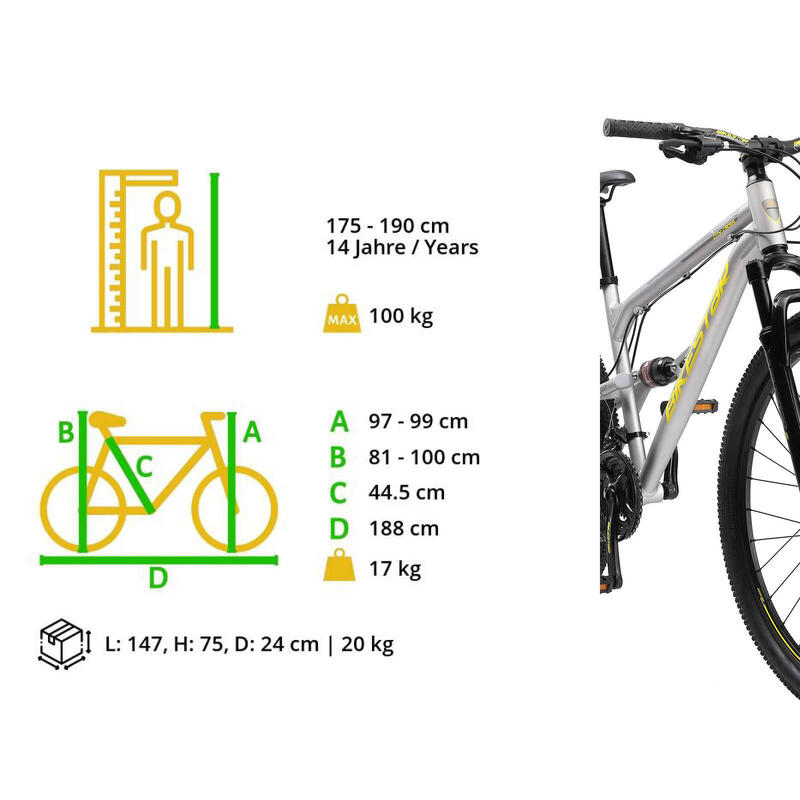 Bikestar Fully MTB Alu 29 Inch 21 Speed zilver