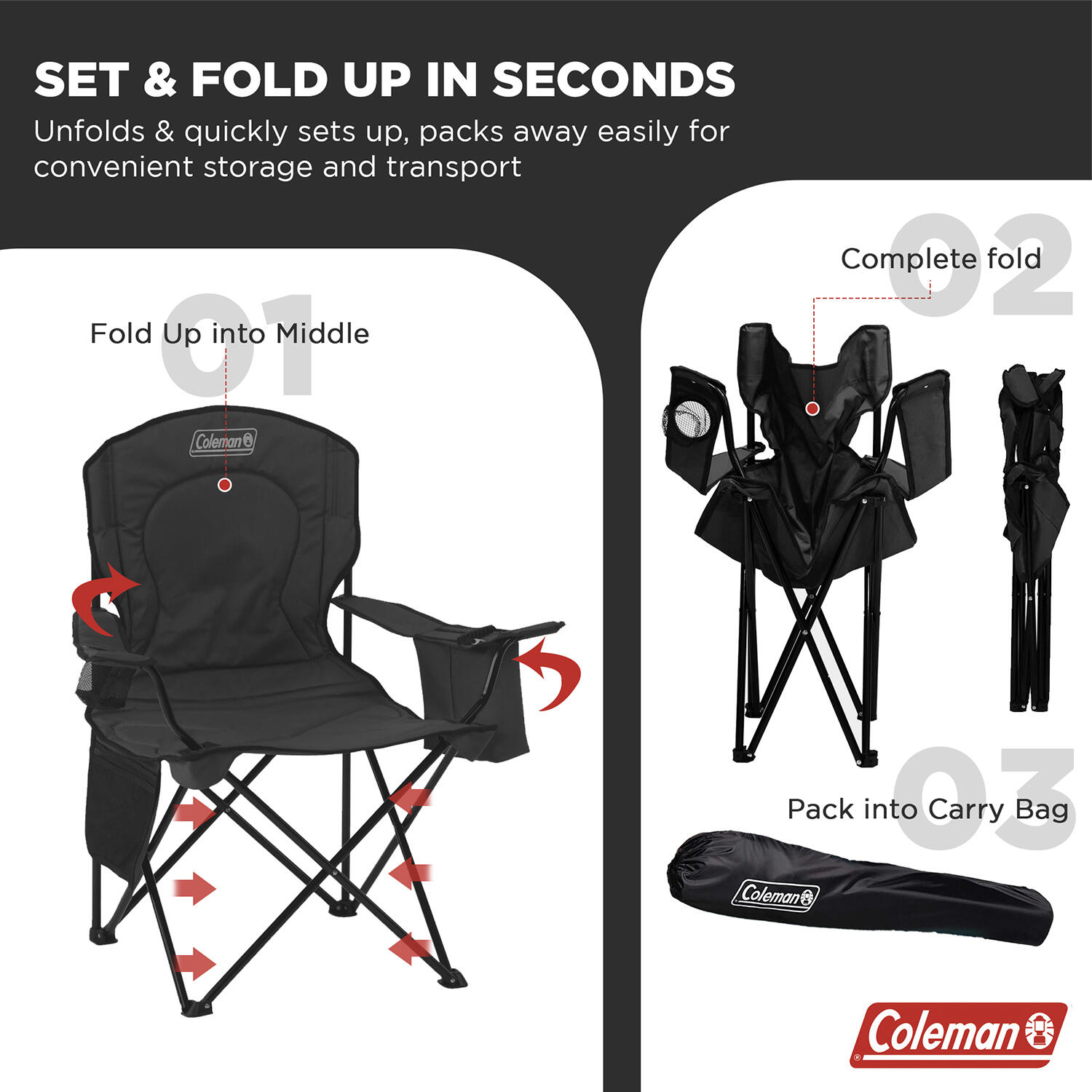 Foldable Camping Quad Armchair With Built-In Can Cooler, Mesh Cup Holder & Side Pockets, Black