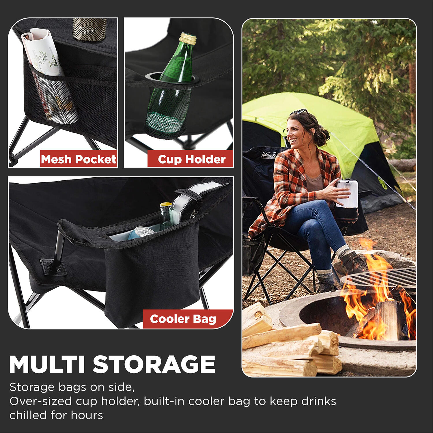 Foldable Camping Quad Armchair With Built-In Can Cooler, Mesh Cup Holder & Side Pockets, Black