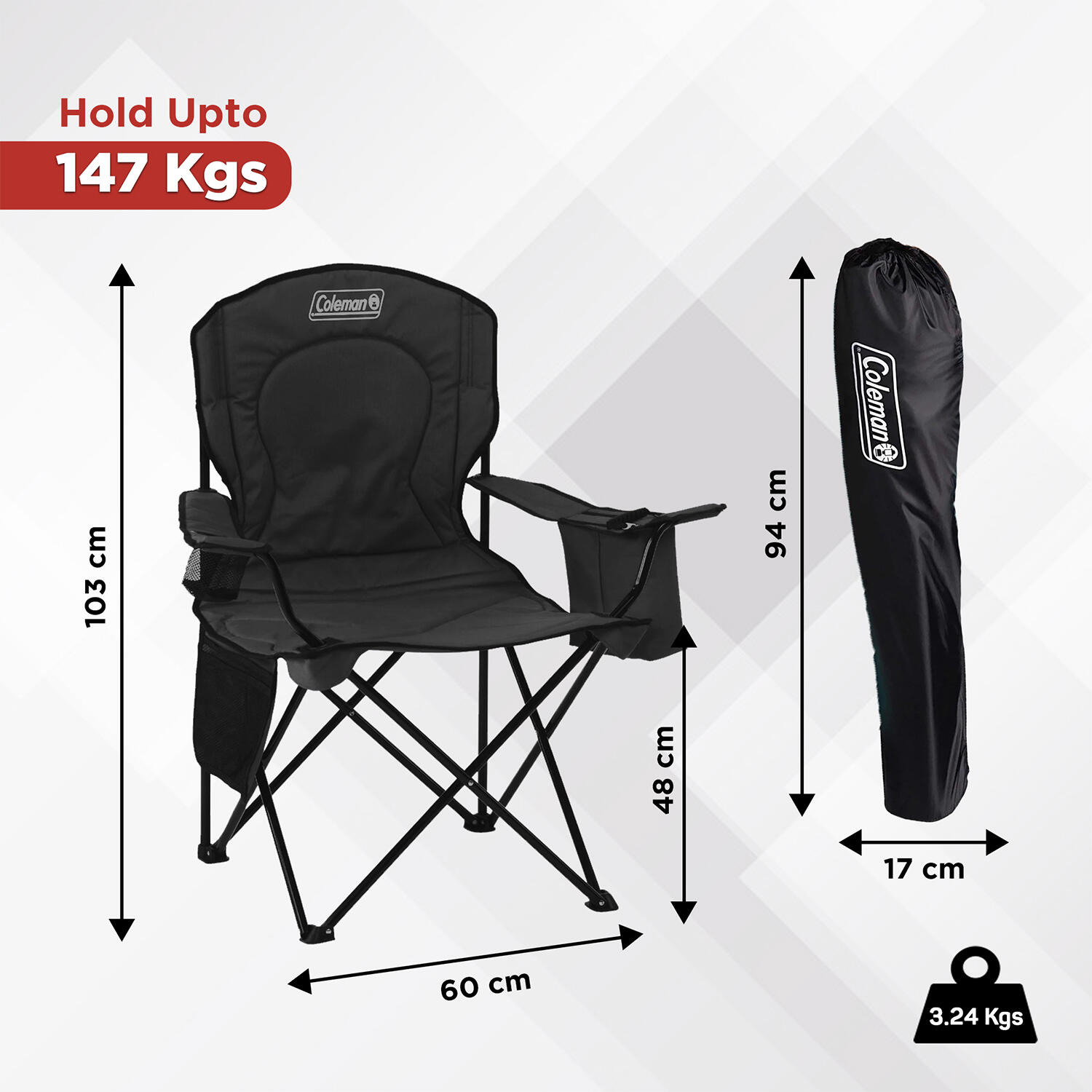 Foldable Camping Quad Armchair With Built-In Can Cooler, Mesh Cup Holder & Side Pockets, Black