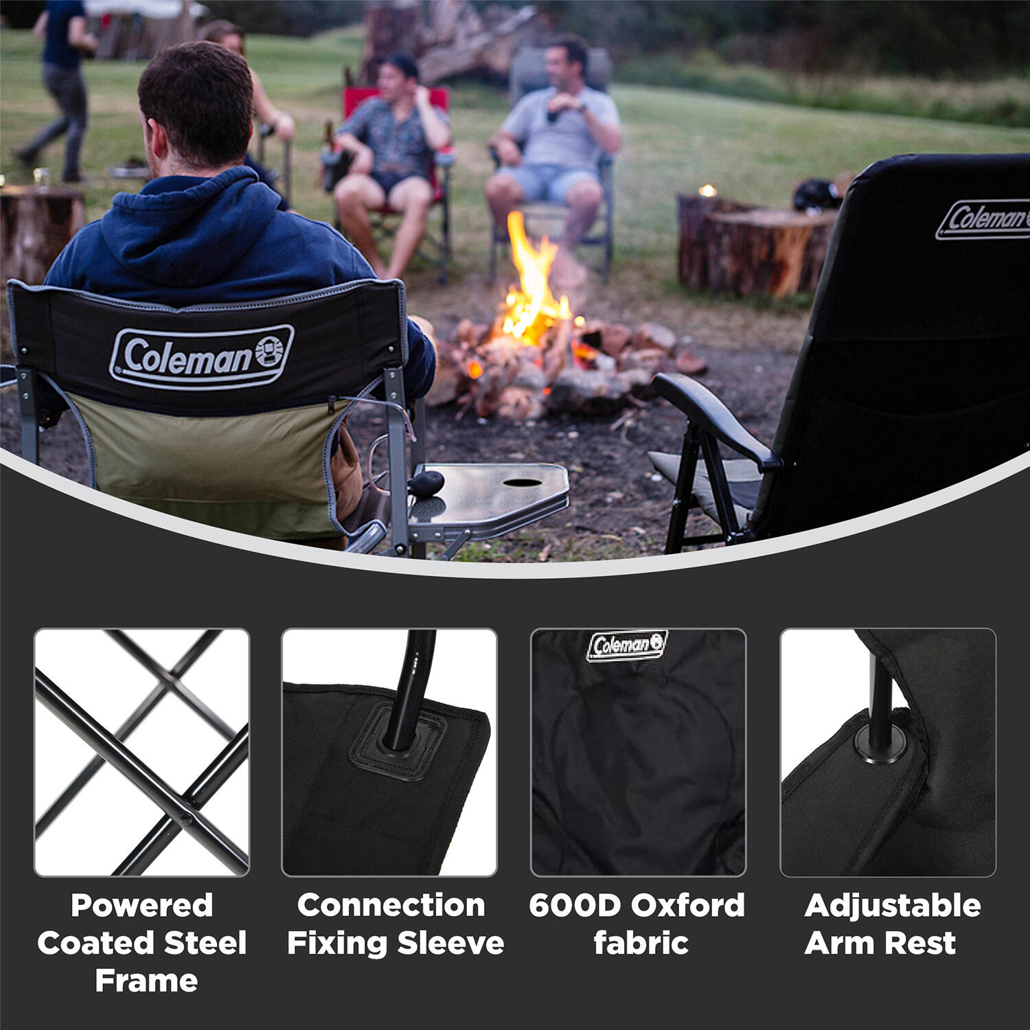 Foldable Camping Quad Armchair With Built-In Can Cooler, Mesh Cup Holder & Side Pockets, Black