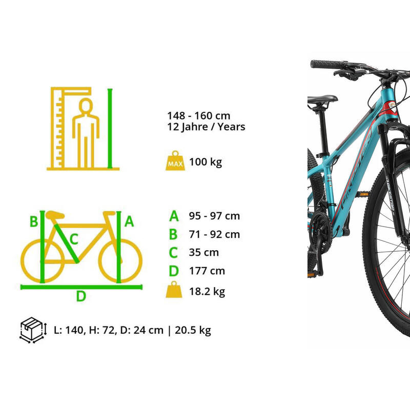 Bikestar Hardtail MTB Alu Sport S 27.5 Inch 21 Speed Turquoise