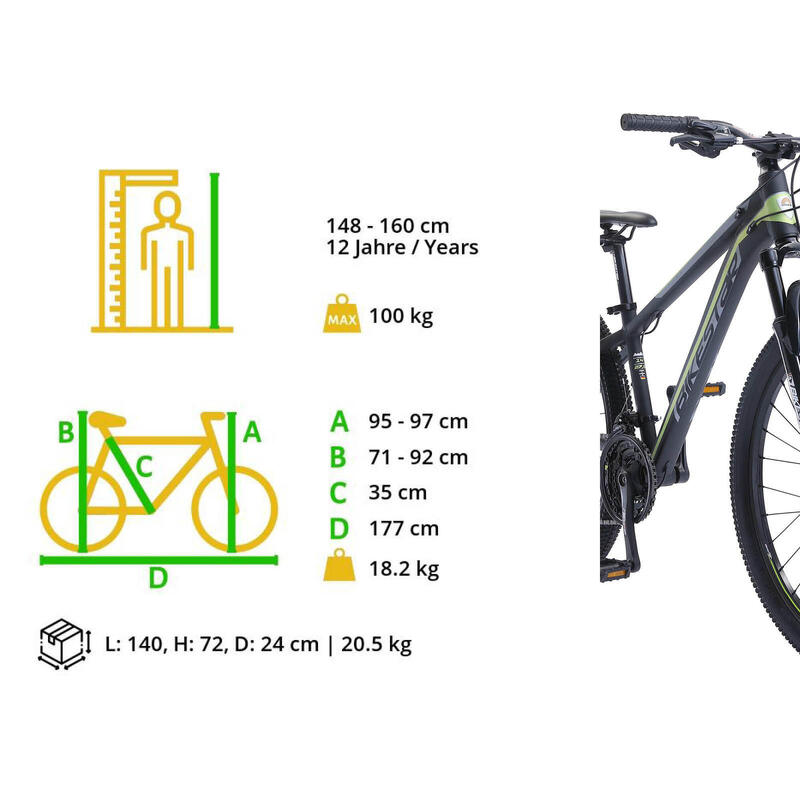 Bikestar 27,5 pouces, VTT sport semi-rigide 21 vitesses, noir / vert