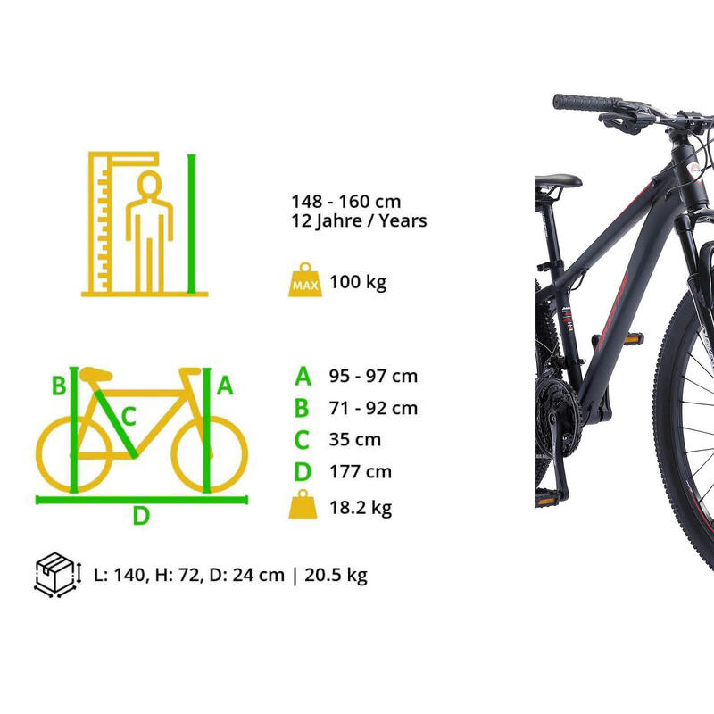 VTT semi-rigide Bikestar, Sport, 27,5 pouces, 21 vitesses, noir/rouge