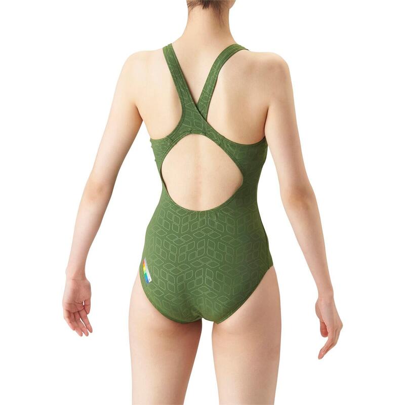 SIAN RANGE 50TH LADIES TOUGHSUIT X BACK V LEG ALLOVER PRINT ONEPIECE - GREEN