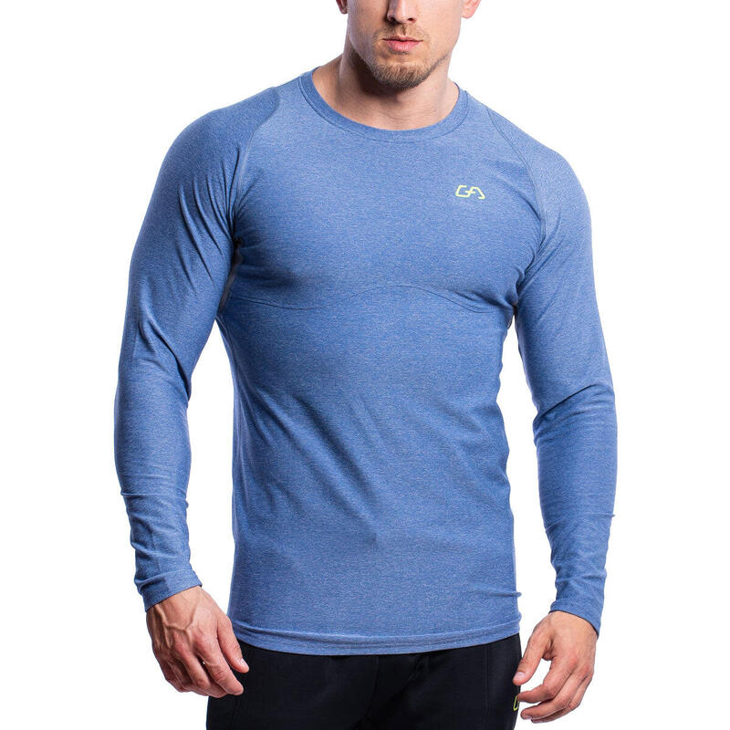 Men Printed Tight-Fit Long Sleeve Gym Running Sports T Shirt Tee - BLUE