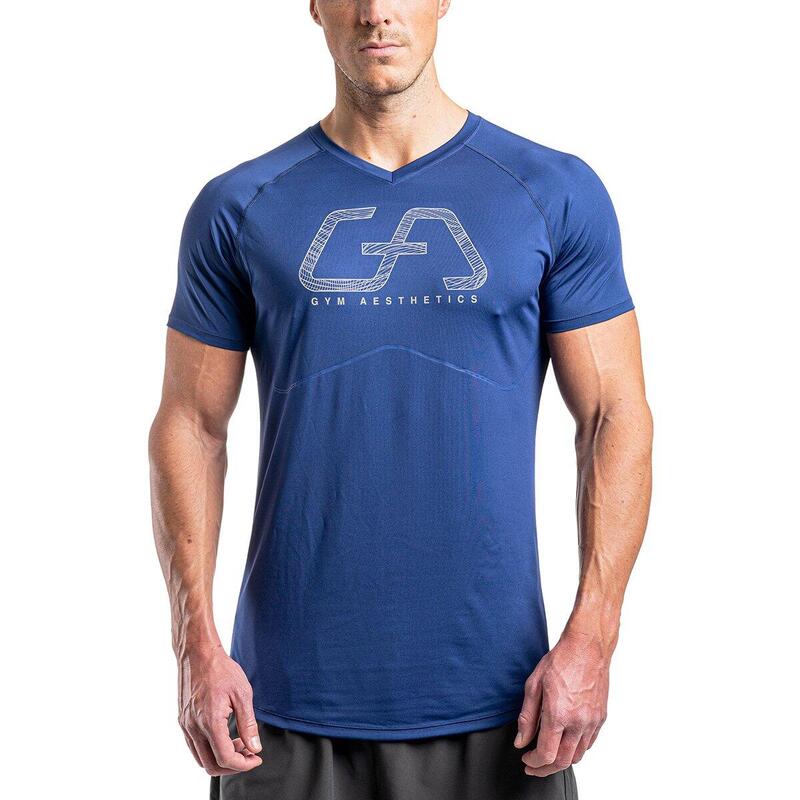 男裝印刷6in1修身跑步健身短袖運動T恤上衣 - 軍藍色