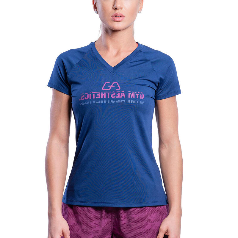 女裝V領LOGO修身瑜珈健身跑步短袖運動T恤 - 軍藍色