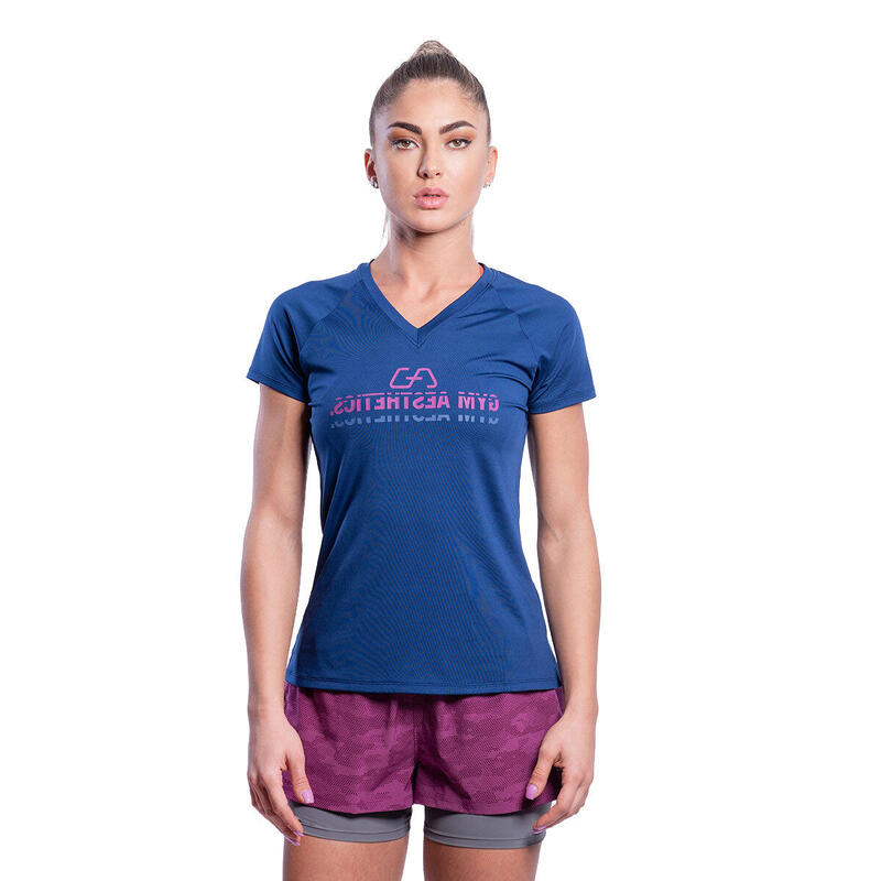 Women Printed V Neck Yoga Gym Running Sports T Shirt Fitness Tee - Navy