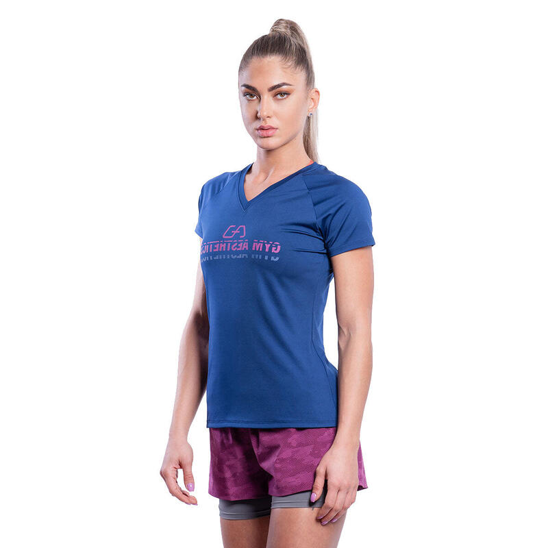 女裝V領LOGO修身瑜珈健身跑步短袖運動T恤 - 軍藍色