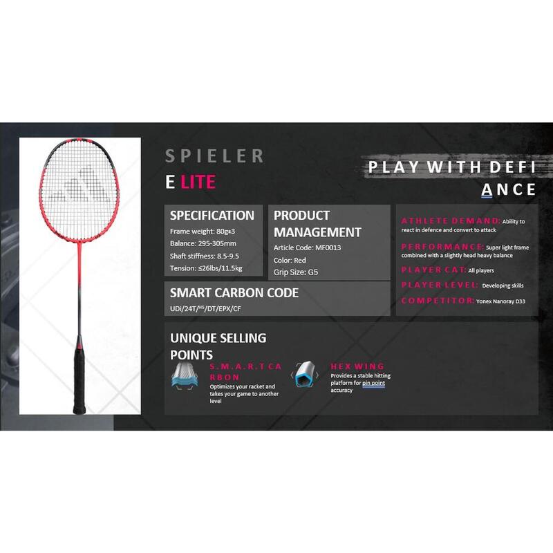Spieler E Lite Adult Badminton Racket with Racket Sack (G5 Strung) - Red