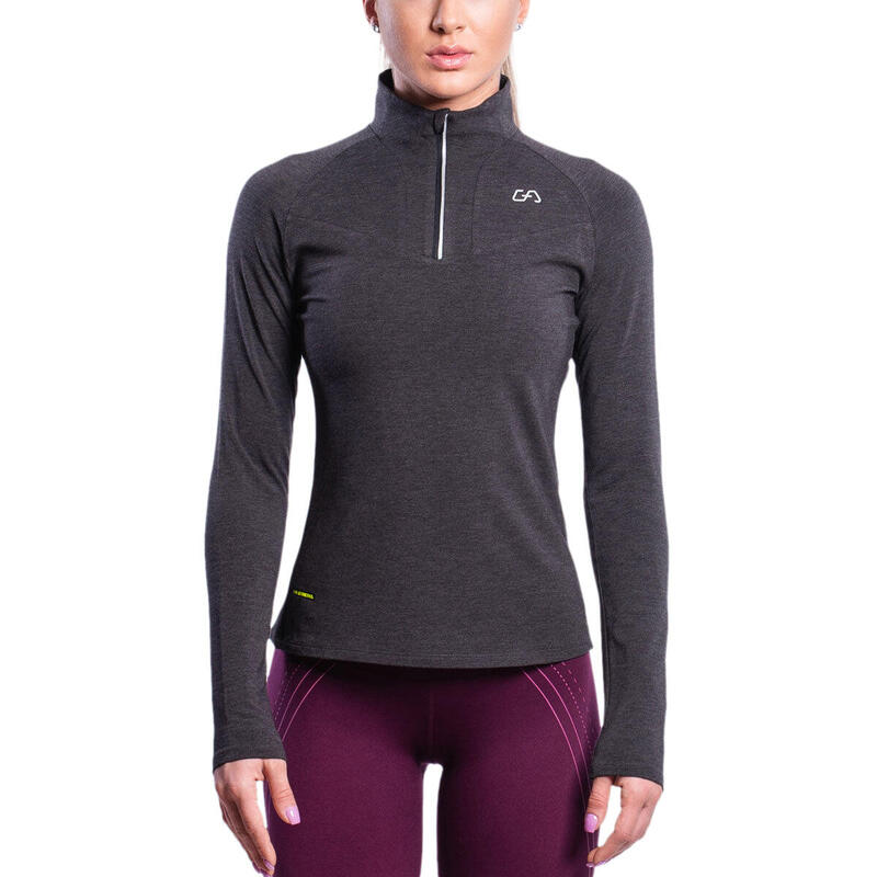 Women Zipper Long Sleeve Gym Running Sports T Shirt Tee - BLACK