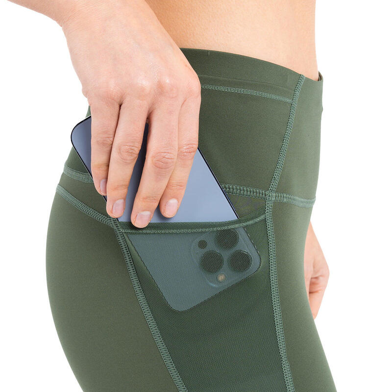 女裝多口袋高腰瑜珈褲透氣網底緊身褲 - 橄欖綠色
