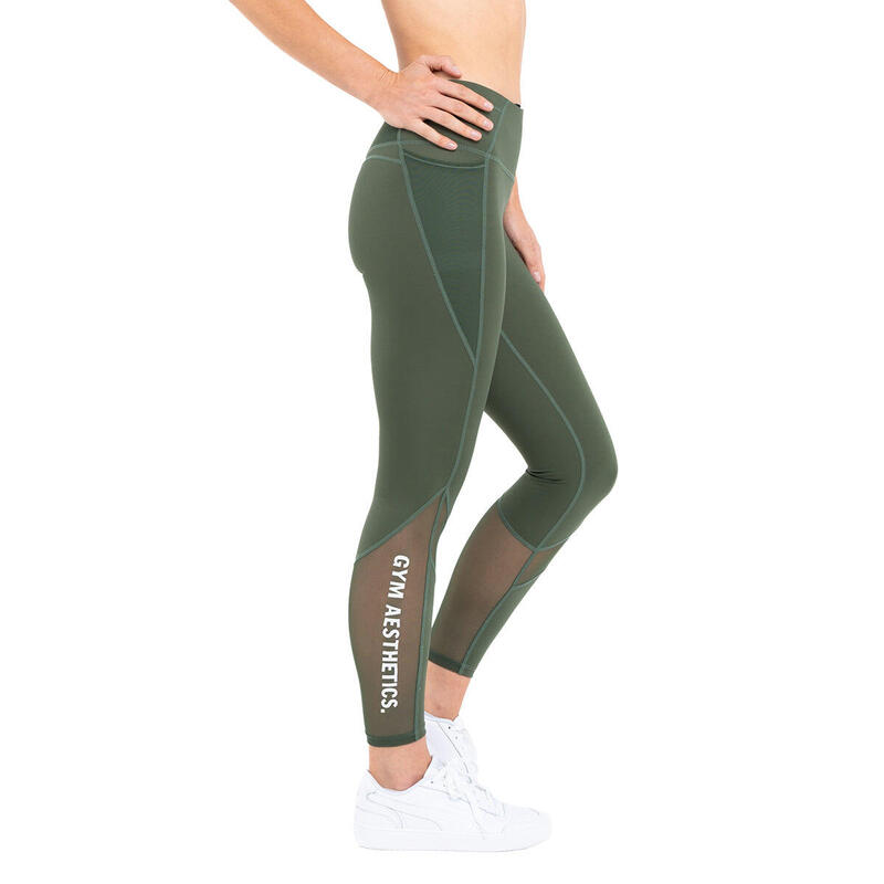 女裝多口袋高腰瑜珈褲透氣網底緊身褲 - 橄欖綠色