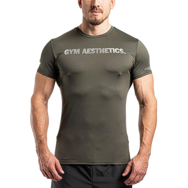 Men Print Tight-Fit Stretchy Gym Running Sports T Shirt Fitness Tee - OLIVE